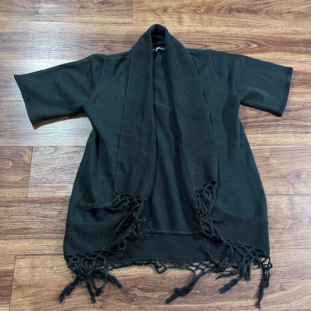 Sydney Easton New York Cardigan Open Front Fringe Womens Short Sleeve Black Knit